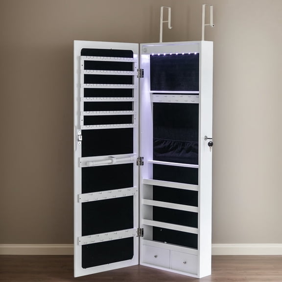 Wooden Wall Mounted Jewelry Cabinet with Non-Full Mirror, 4-Tier Shelf, 2 Drawers & 8 Blue LED Lights, White