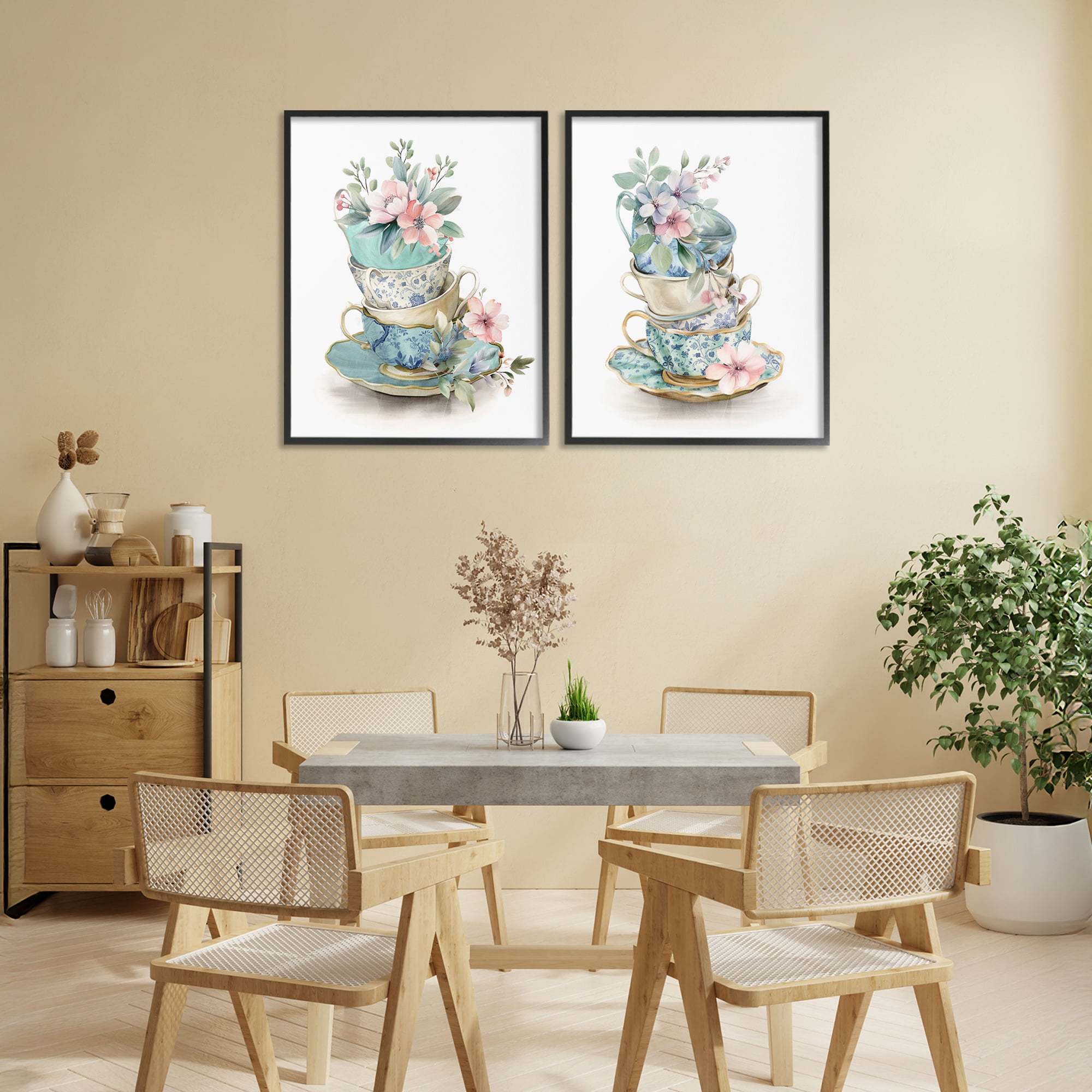 Stupell Industries Stacked Teacup Chinoiserie 2 Piece Black Framed Giclee Art Set, design by Kim Allen