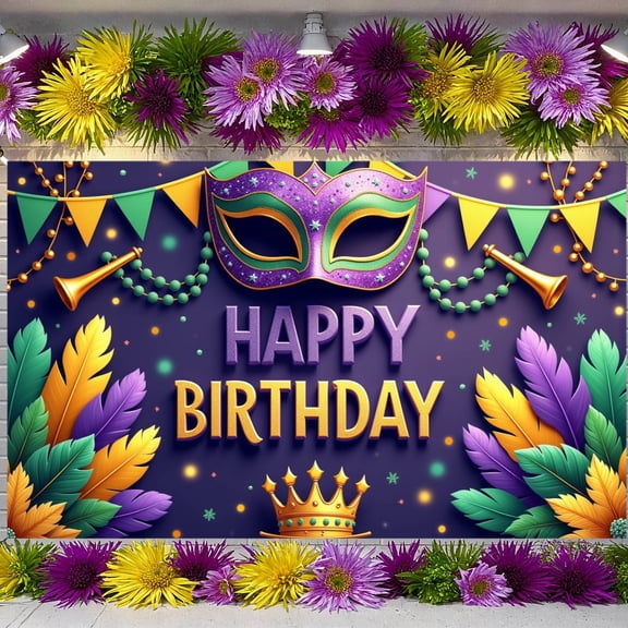 Colorful Mardi Gras Banner Mask Design Display Feather Decor Bead Garland Carnival Backdrop for Birthday Party Mardi Gras Celebration Carnival Event