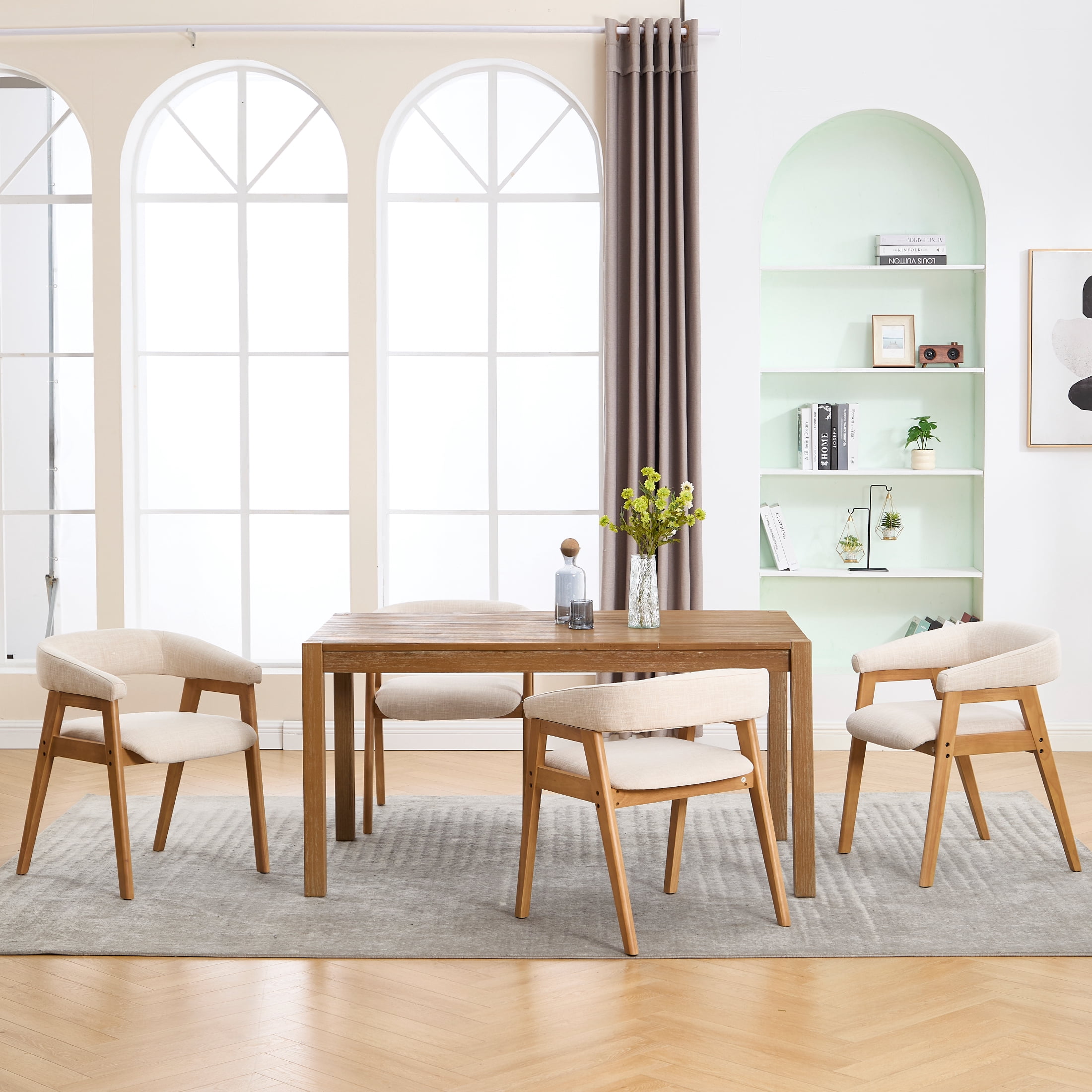 Guyou Modern Dining Chairs Set of 2, Linen Upholstered Wooden Kitchen Side Chairs, Barrel Armchair with Curved Backrest for Dining Room Kitchen Living Room, Beige