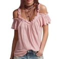thumbnail image 2 of Summer Cold Shoulder Shirts for Women Boho V-Neck Short Sleeve Top Ruffled Casual Blouse Going Out Outfits for Vacation and Everyday, 2 of 4
