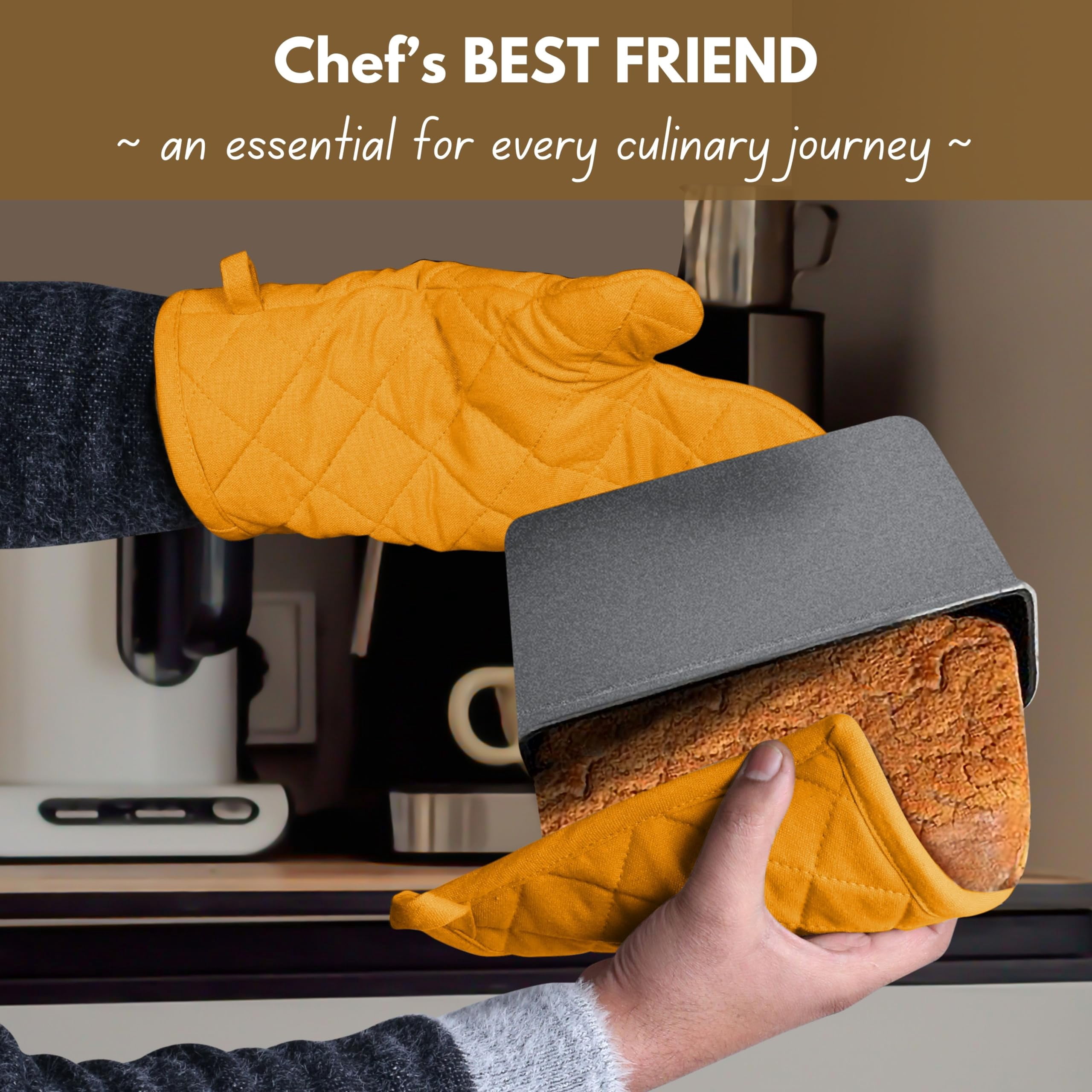 Native Fab Oven Mitts & Potholders Set, Heat Resistant, 100% Cotton, Quilted Design, Non-Slip Grip, Ideal for Baking, Cooking, BBQ, Kitchen Protection - Mustard Yellow
