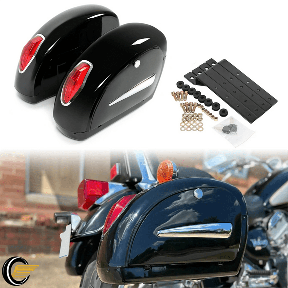 Universal Motorcycle Hard SaddleBag Bags Trunk w/Light For Honda Yamaha Harley