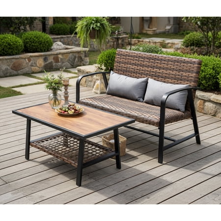 Resenkos 5 Pieces Patio Wicker Conversation Set Small Patio Conversation Furniture Set with Shelf and Quick Dry Cushion