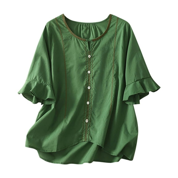 DeHolifer T-Shirts for Women Plus Size Cotton Linen Half Ruffle Sleeve Embroidered Crewneck Casual Loose T-Shirts Green XL