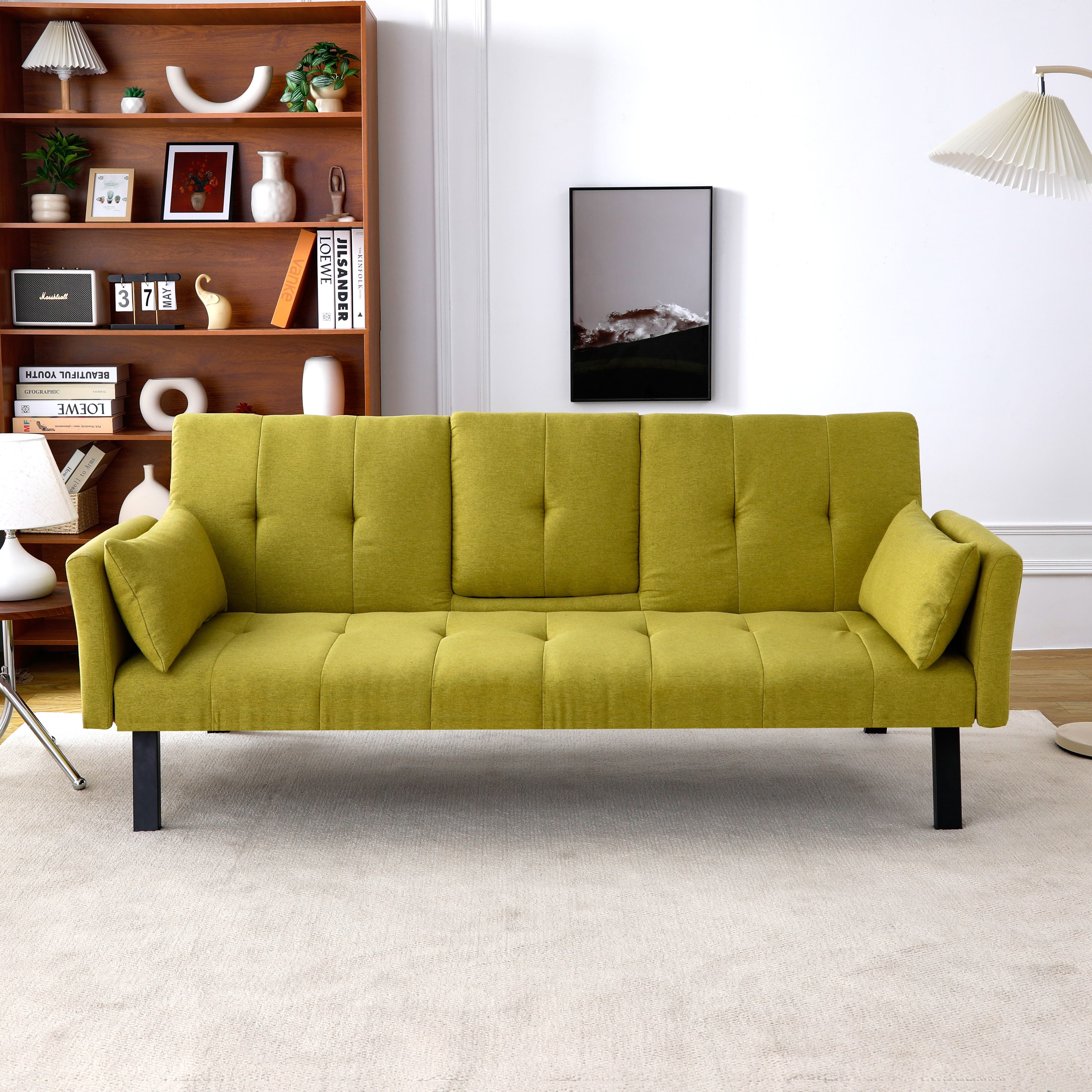 MAYEERTY 70" Linen Sofa Bed Foldable Sofa Couch with Cup Holder and Side Storage for Living Room, Bedroom and Apartment, Green