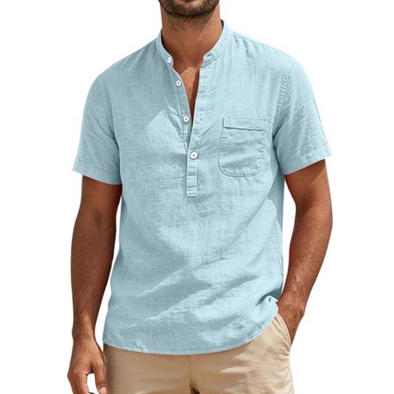 Guluxicc Men's Cotton V-Neck Shirts with Pocket Button Short Sleeve Shirts for Everyday Wear Summer Casual Outfits