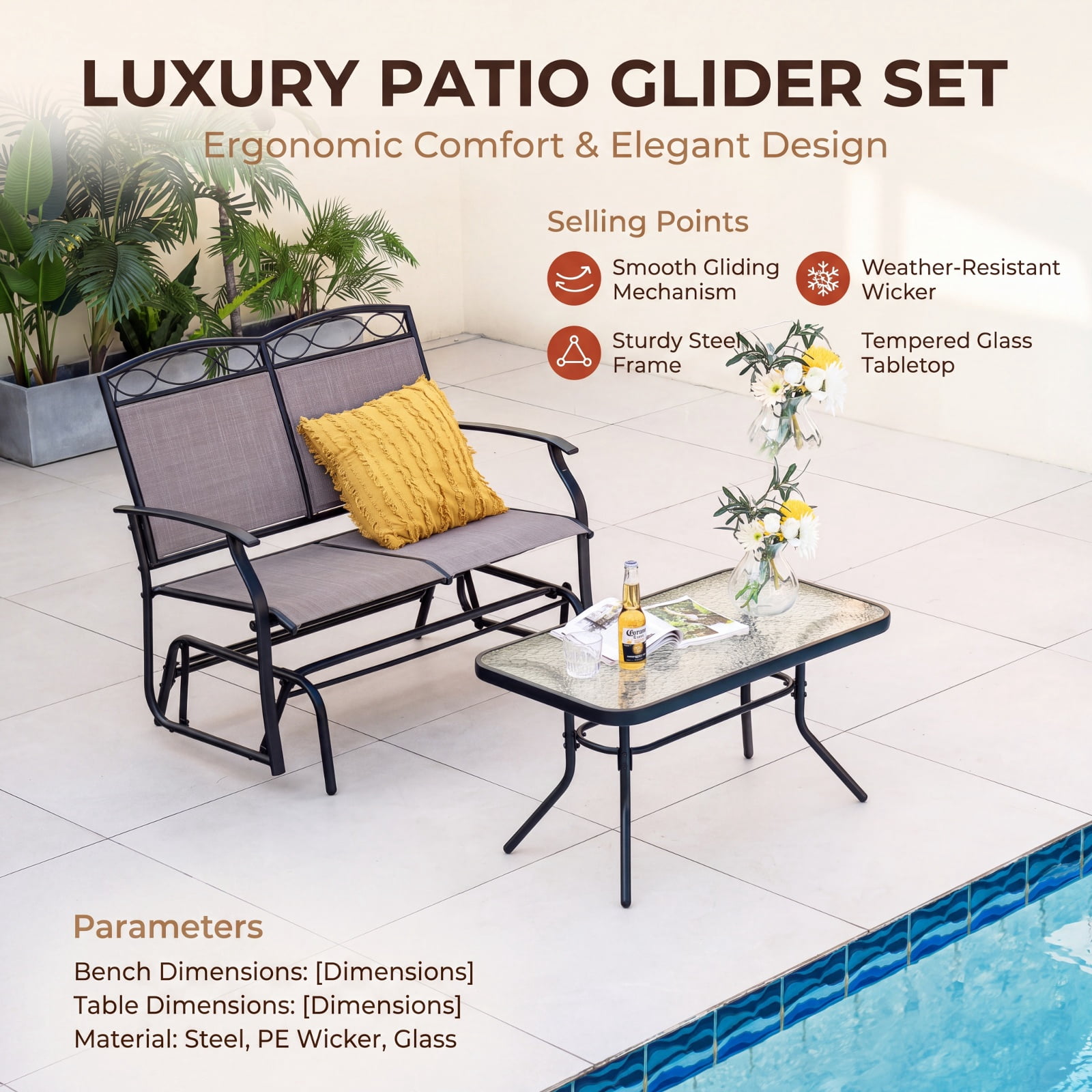 Furnibear 2 Piece Outdoor Gliding Loveseat Chair with Tempered Glass Coffee Table for Patio Backyard Porch and Poolside, Brown