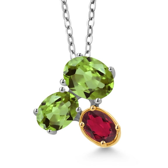 925 Silver and 10K Yellow Gold Green Peridot and Ruby Red Mystic Topaz Pendant Necklace for Women (2.82 Cttw, Oval 8X6MM, 7X5MM and 6X4MM, Gemstone August Birthstone, with 18 inch Chain)