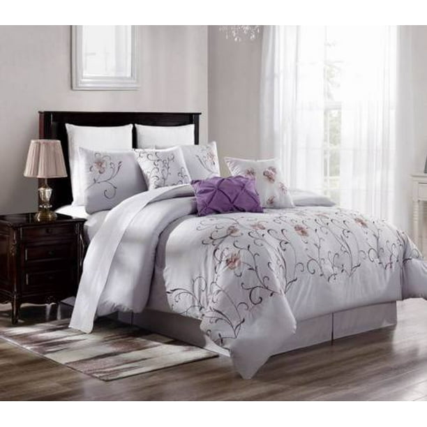 Milly 7 Piece Comforter Set Cotton, Purple And Gray King Size Bedding