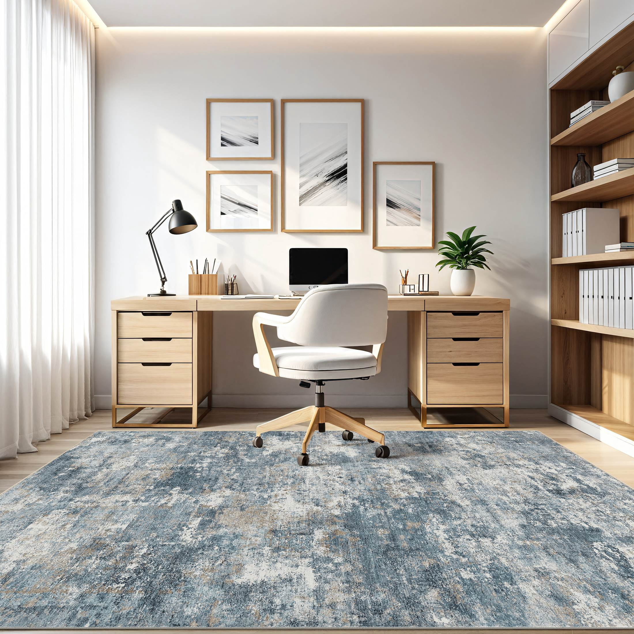 UERMEI 10'x14' Washable Area Rugs for Living Room, Modern Abstract Printed Carpet, Non Slip Indoor Rug for Bedroom Home Decor Carpets, Blue/Brown