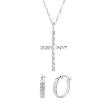 - Diamond Cut Hoop Earring and Cross Necklace Set in Sterling SIlver