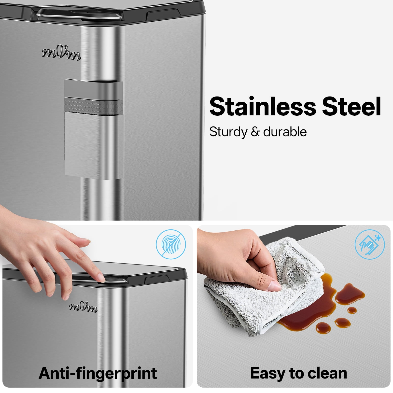 mVm 16 Gal Stainless Steel Trash Can , Dual Compartment (32L+28L) Brushed Steel Garbage Bin with Lid and Odor Filter