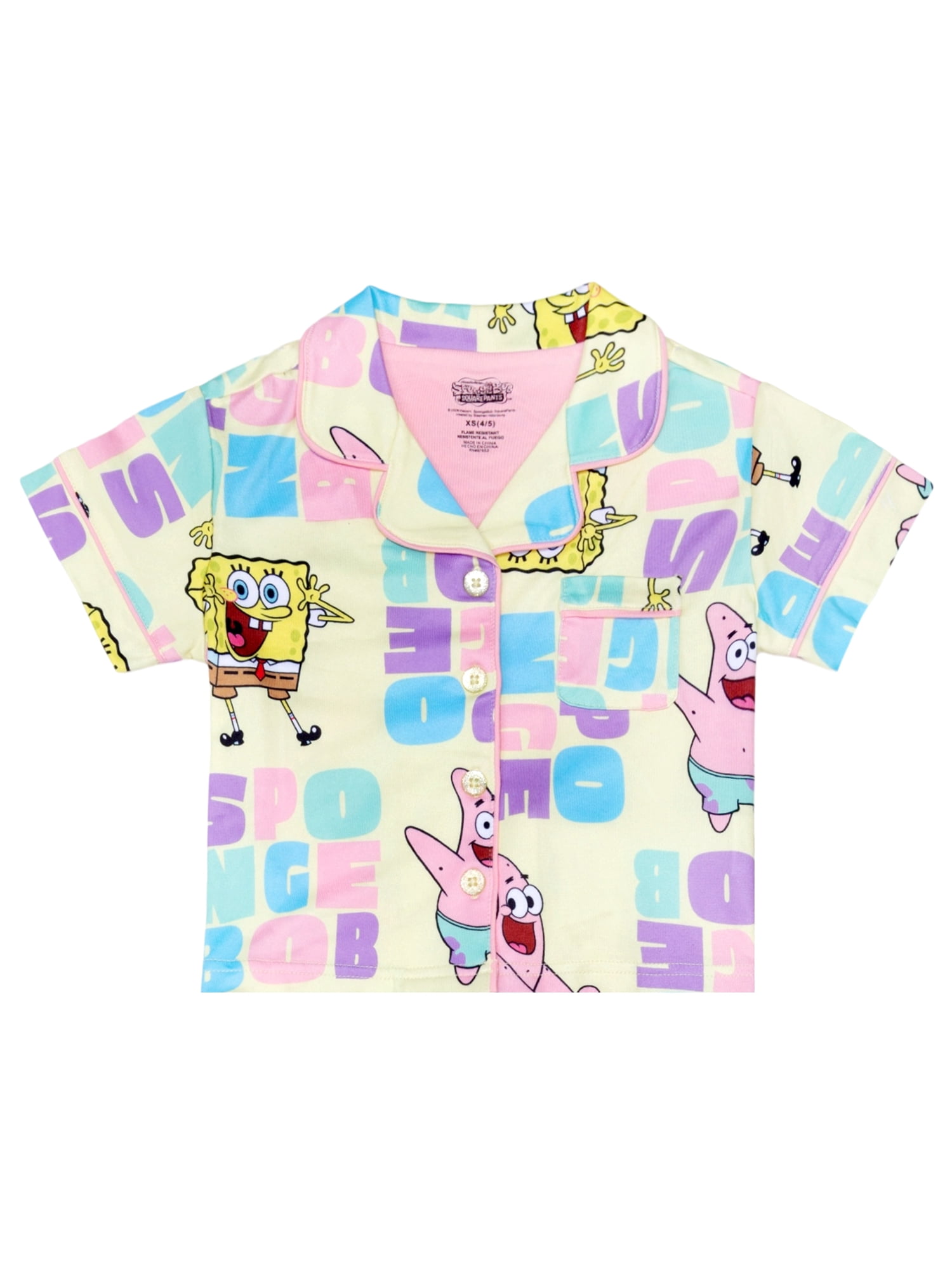 SpongeBob Girls Button Front Top and Pants Pajama Set, 2-Piece, Sizes 4-12