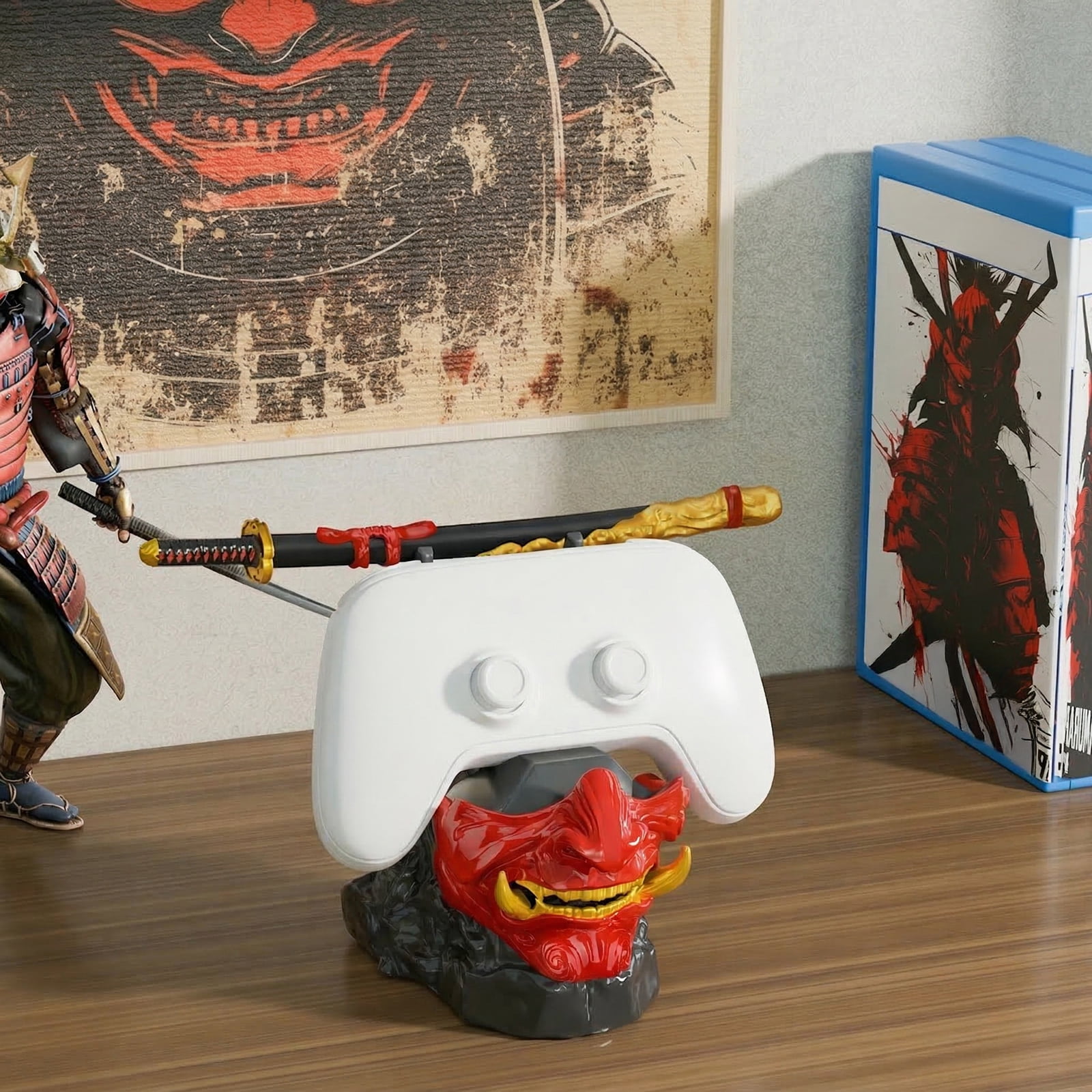 NiHome Samurai Warrior Mask Gaming Controller Holder Stand for PS5 Xbox Switch & Headsets, Handcrafted Resin Sculpture Desktop Display Organizer for Gamers, Multi-Device Charging Dock for Smartphones