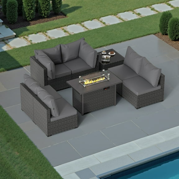 Phonjoroo 8-Piece Outdoor Patio Furniture Set Outdoor Sectional Wicker Rattan Conversation Set with 42" Propane Fire Pit Table Suitable for Garden, Patio, Gray