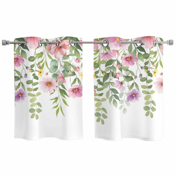 2 Panels Kitchen Tier Curtains 39 Inch Length, Pink Green Spring Grommets Window Treatment Curtain, Floral Eucalyptus Leaves Watercolor Plant Thermal Curtains Drapes for Living Room/Bathroom