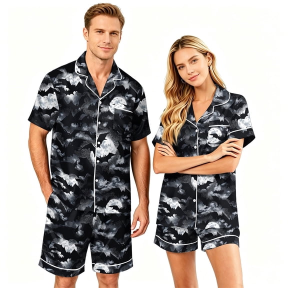 Couples Matching Halloween Pajamas Set Short Sleeve Button Down Shirt and Shorts Spooky Pumpkin Nightwear Loungewear PJs
