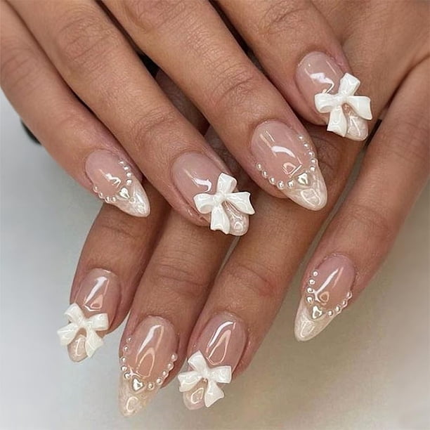 Set de uñas postizas LBPEPAMZ Pink Medium Almond con diseño 3D