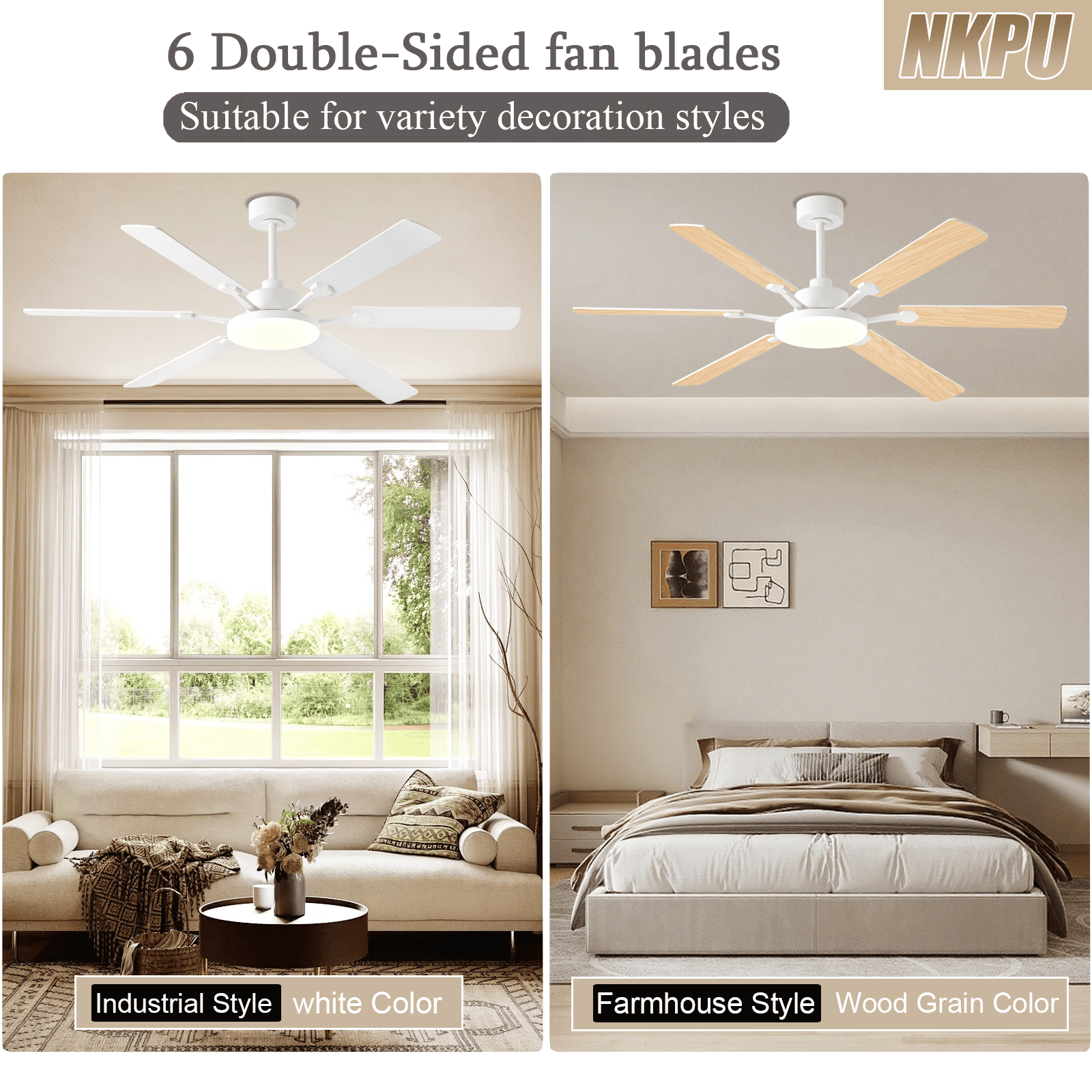60 Inch Ceiling Fans with Lights, Large Modern White Ceiling Fan with Light and Remote Control, 6 Double Sided Blades, 6 Speed Reversible Motor, Dimmable LED, Silent Timing, Indoor Outdoor Patio Use