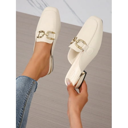 

Women‘s Lychee Pattern Flat Mule Slip-on Shoes With Square Toe
