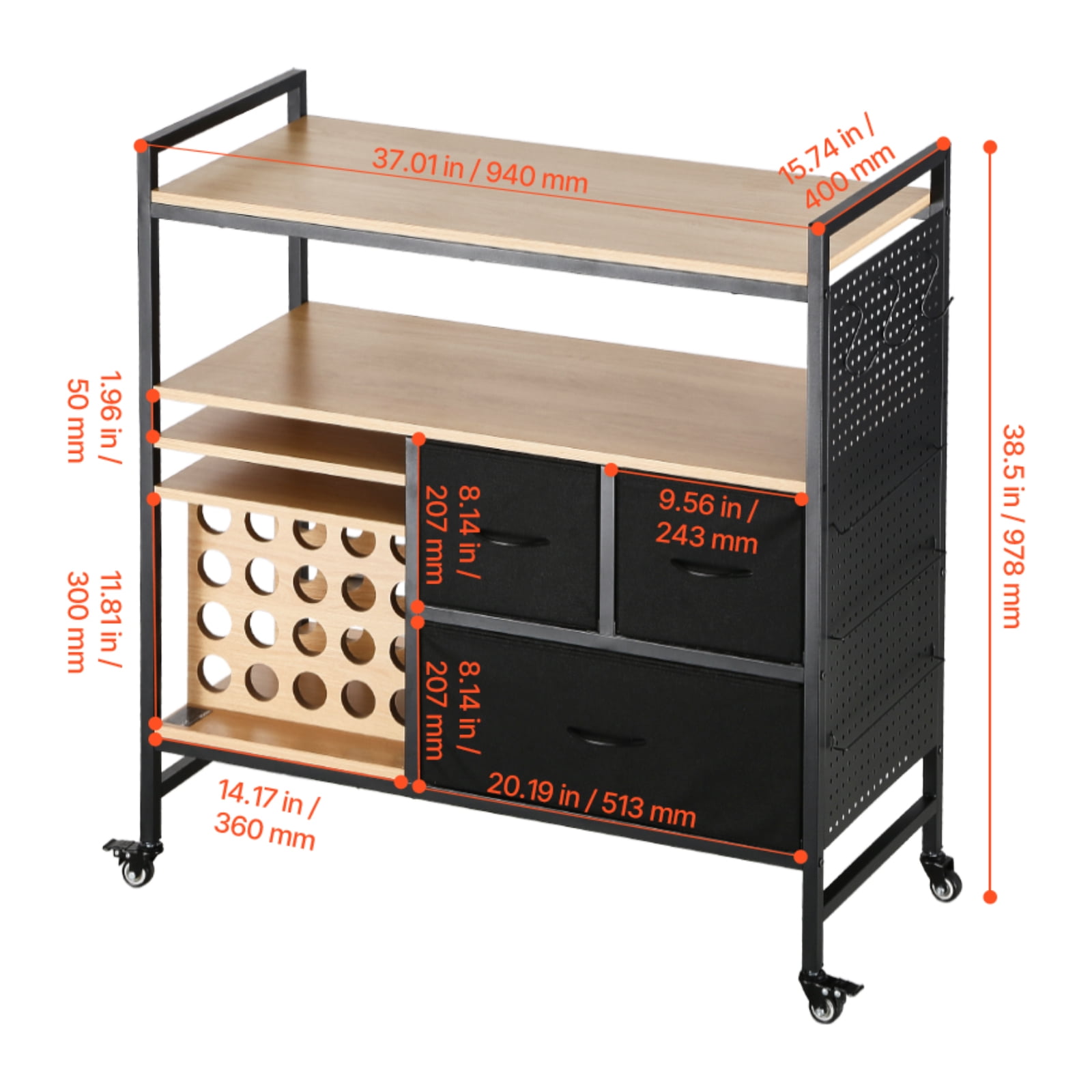 VEVOR Rolling Craft Cart and Storage Table, Compatible with Cricut Machines, Crafting Table Organization Workstation, Craft Rolling Storage Organizer with 20 Vinyl Roll Holders and 3 Drawers, Black