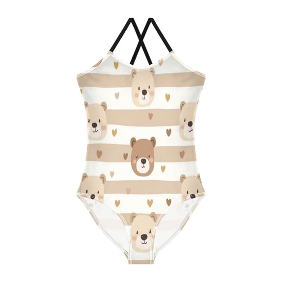 Girls' One-piece Swimsuit Cross Back Bathing Suit Beach Surfing Sizes 3T-10T Cute Bear Face Pattern