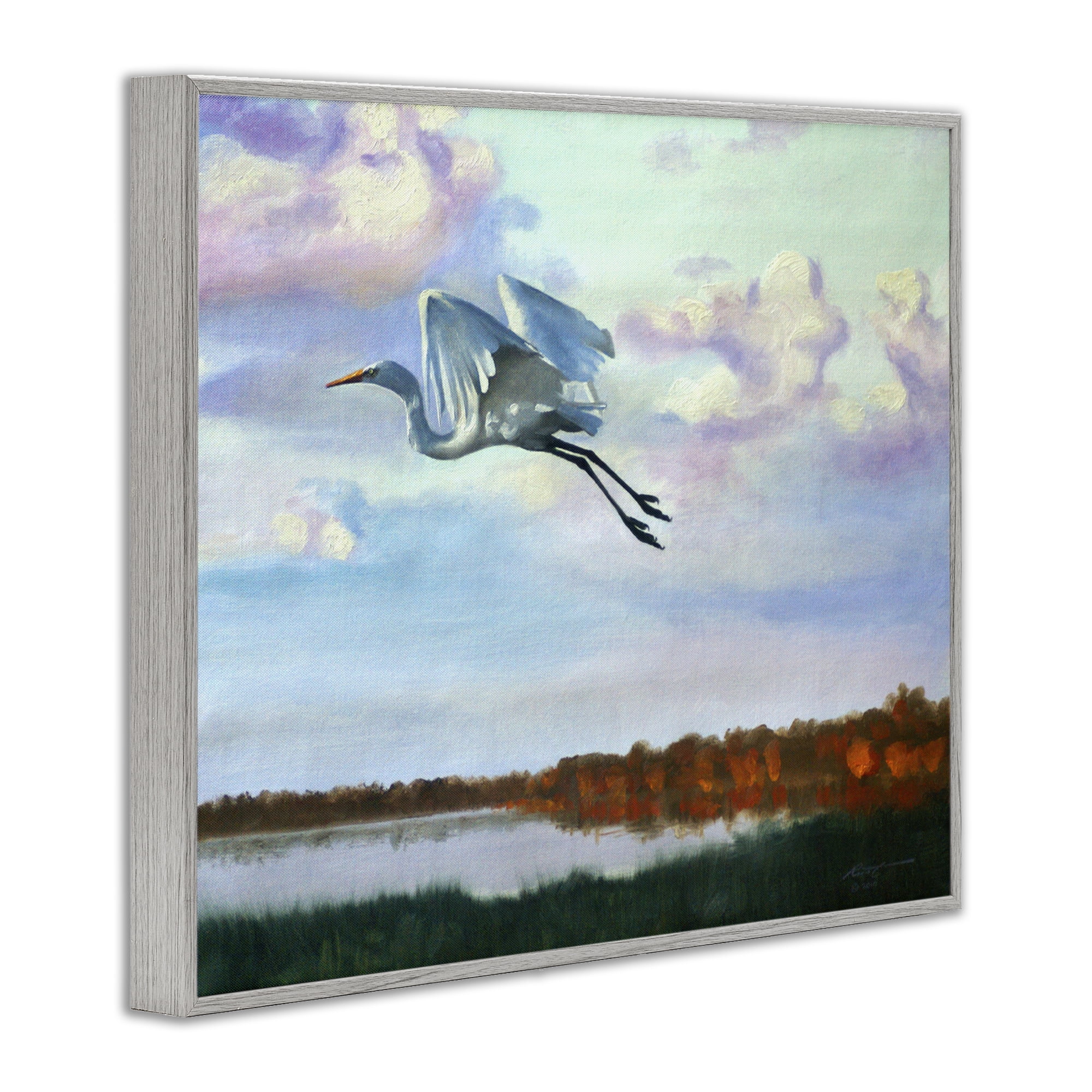 Stupell Industries Egret Over Lake Shore Landscape Painting Gray Framed Art Print Wall Art, 14 x 11