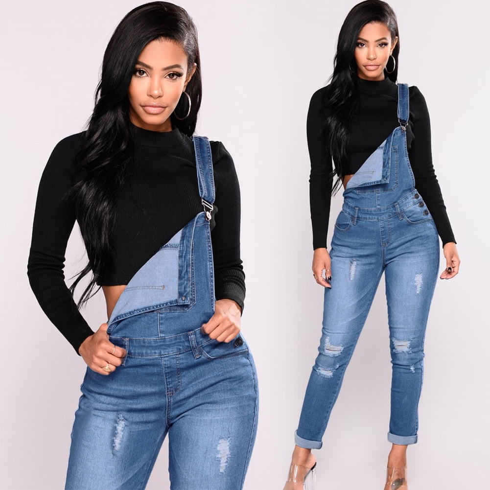 Women Denim Overalls Ripped Stretch 