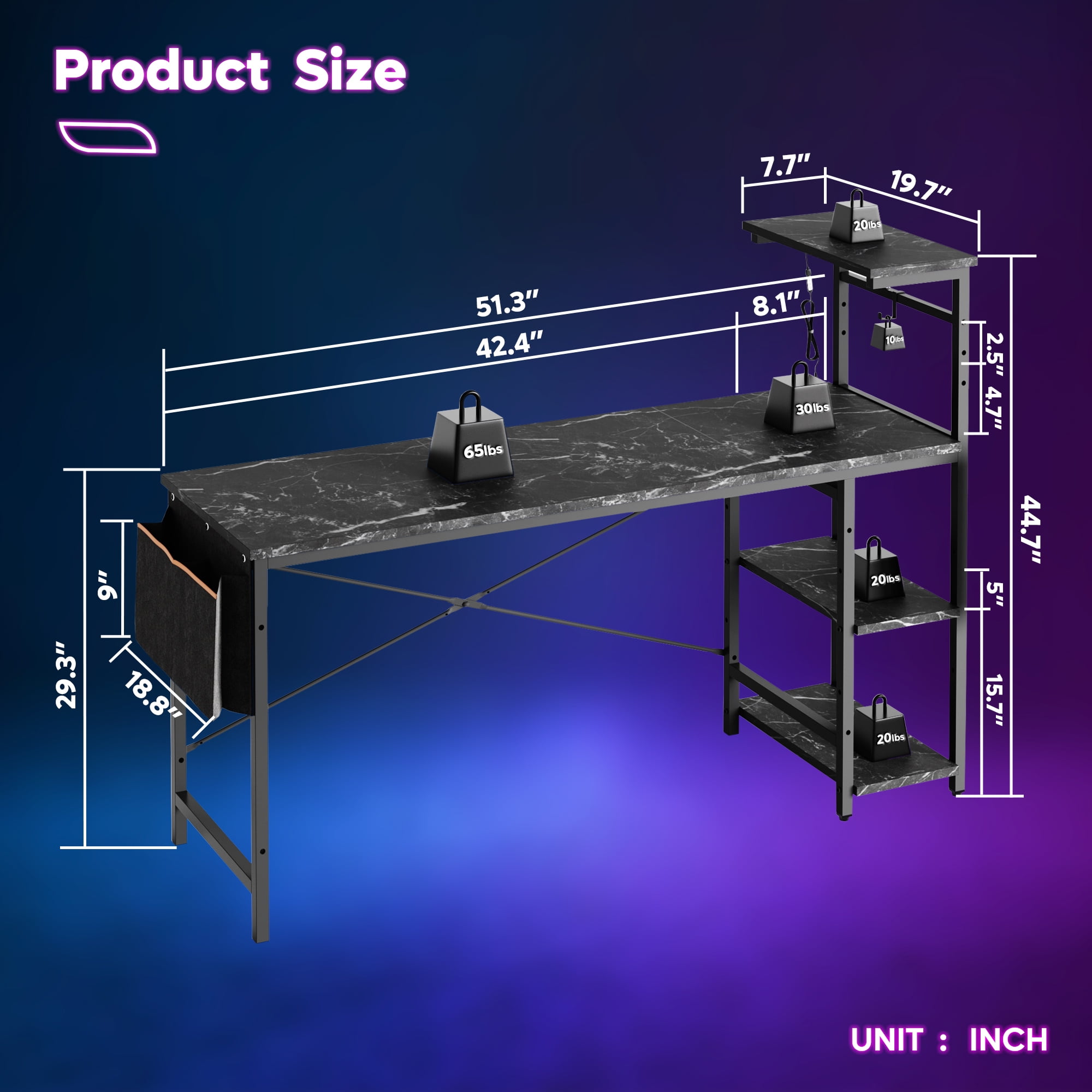 Bestier 52 inch Gaming Desk with LED Lights & Adjustable Storage Shelves,7 Main Color+22 Dynamic Modes LED Computer Desk,Black Marble Platform