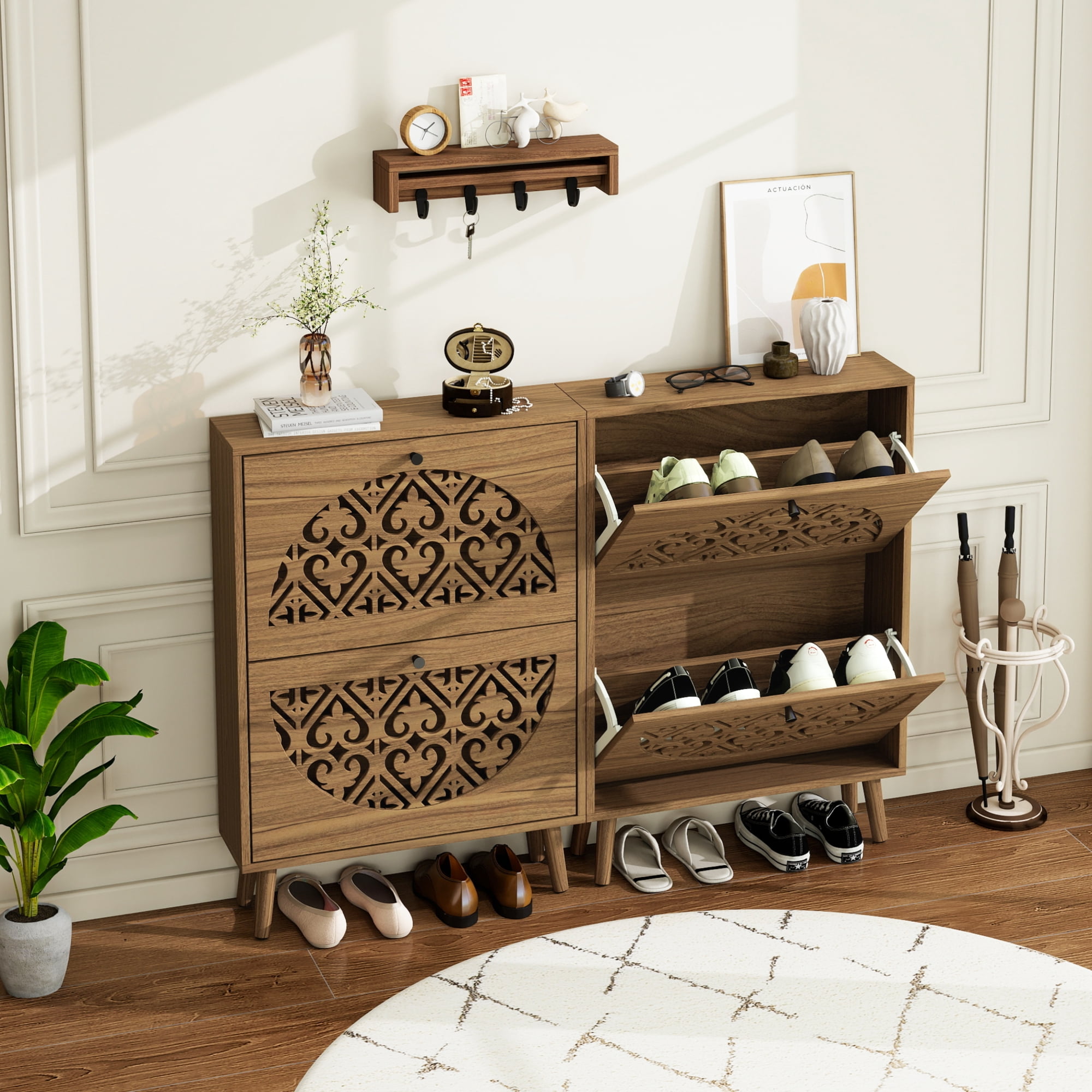 Leumius Narrow Shoe Cabinet with 2 Flip Drawers, Carved Floral Pattern Wooden Shoe Storage Organizer, Freestanding Hidden Shoe Rack for Entryway Hallway Living Room Walnut