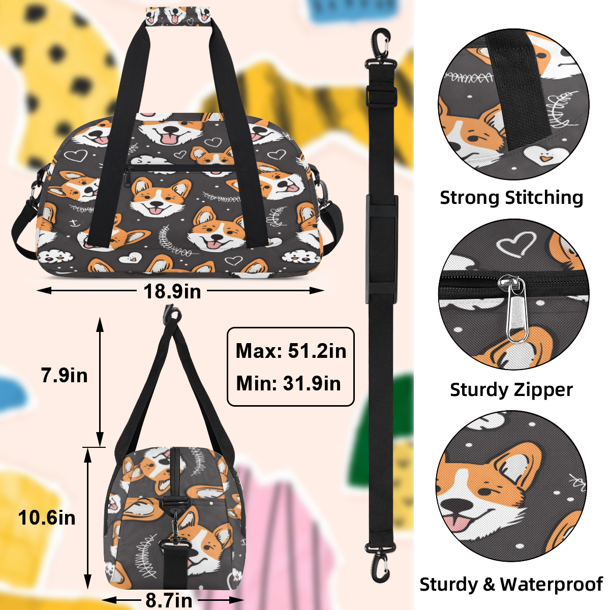 Herdesigns Sports Duffle Bags Travel Duffle Bag Gym Bag Cute Welsh Corgi Dog Weekender Travel Bag Waterproof Overnight Bag Carry On Travel Tote Bag Dance Bags