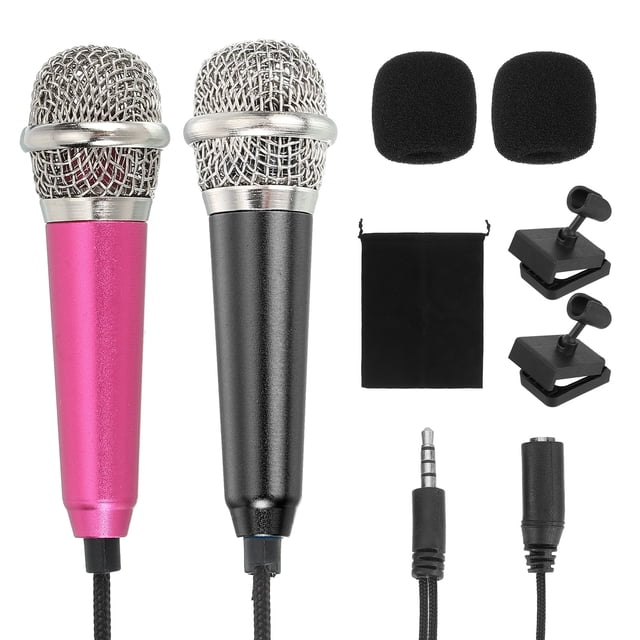 2Pcs Mini Micrófono, Micrófono Pequeño con Funda de Esponja, Soporte y Bolsa con Cuerda Portátil (Rosa Rojo/Negro)