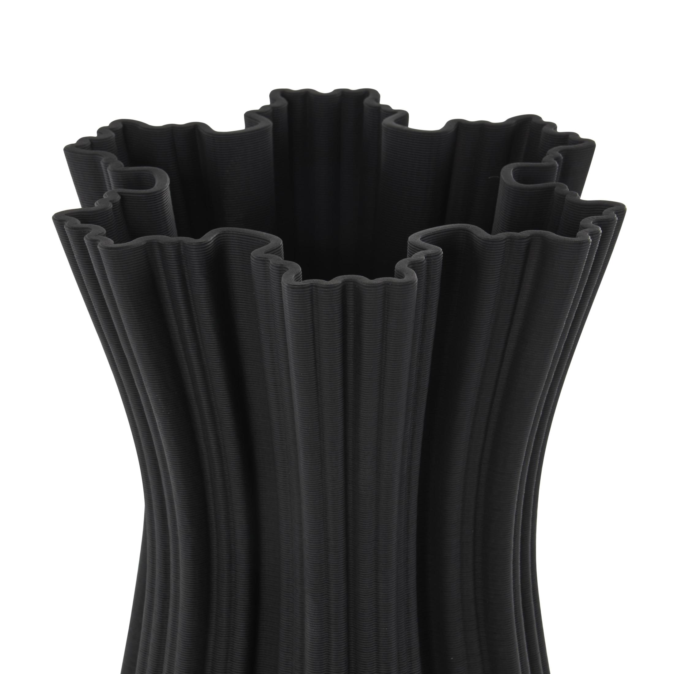 DecMode 14" Abstract Ribbed Tulip Inspired Black Ceramic Vase with Floral Shaped Rim