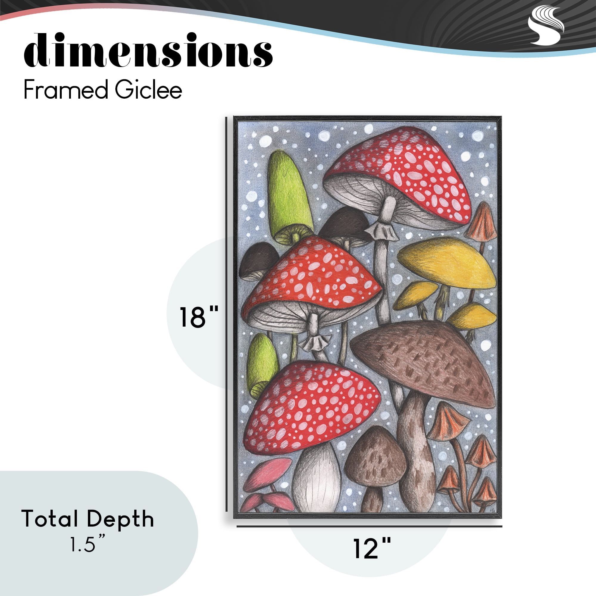 Sketched Magical Mushrooms Black Framed Giclee Art, design by Cecilia Battaini