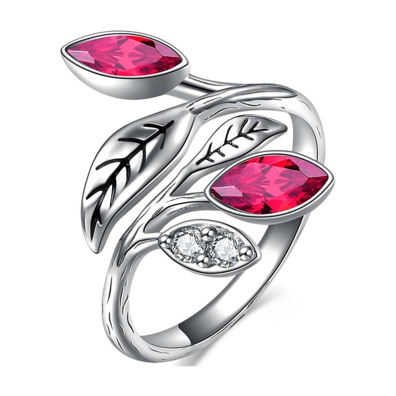 MYSTICPOEM Ruby Leaf Ring 925 Sterling Silver Open Leaf Ring July Birthstone Rings for Women Christmas Gifts Wife Mothers Day Gifts(7-Ruby Ring)