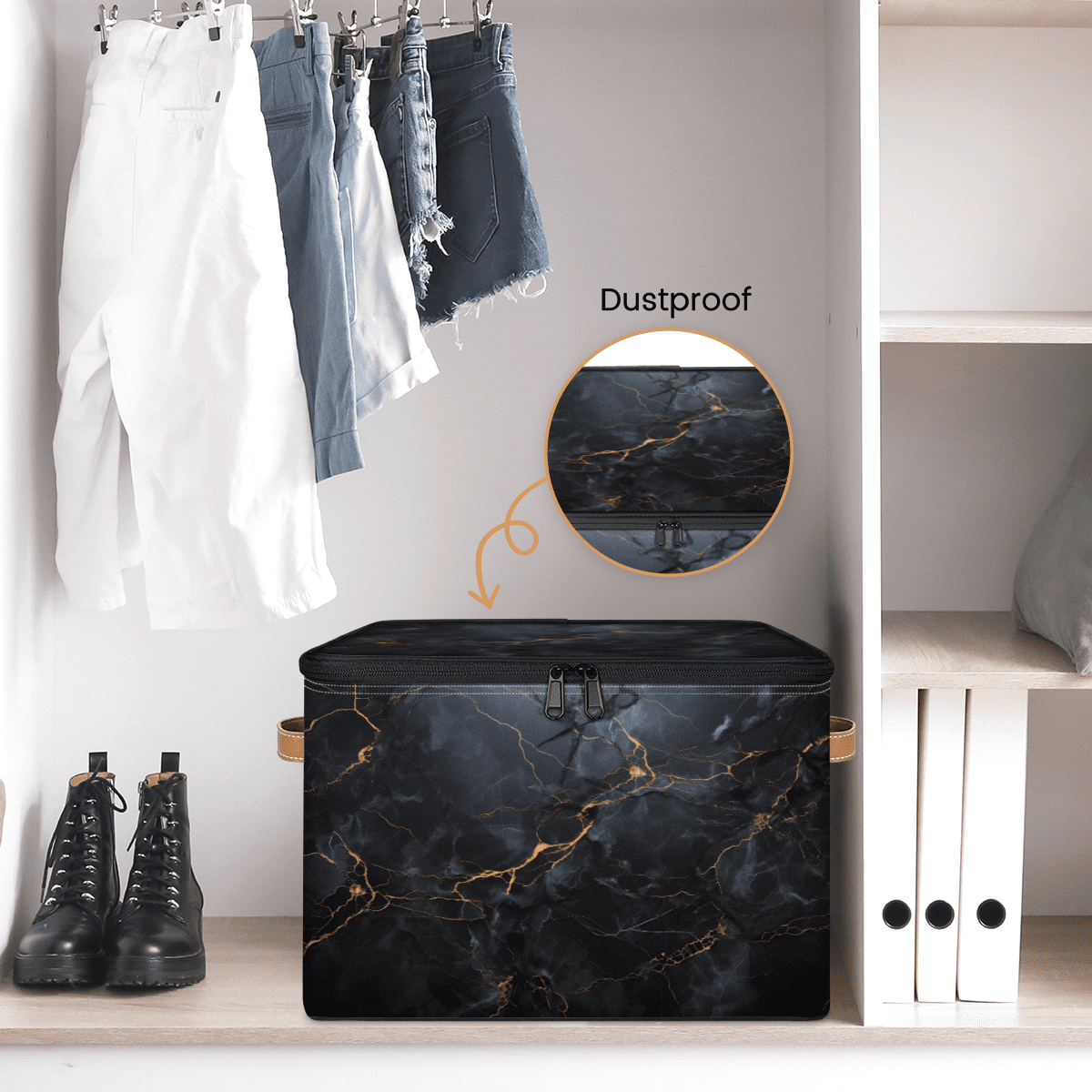 ADECORIVY Marble Black Storage Bin with Zipper Lid, Fabric Storage Baskets Boxes with Handles, Decorative Clothes Organizer Containers for Shelves, Wardrobe, Closet