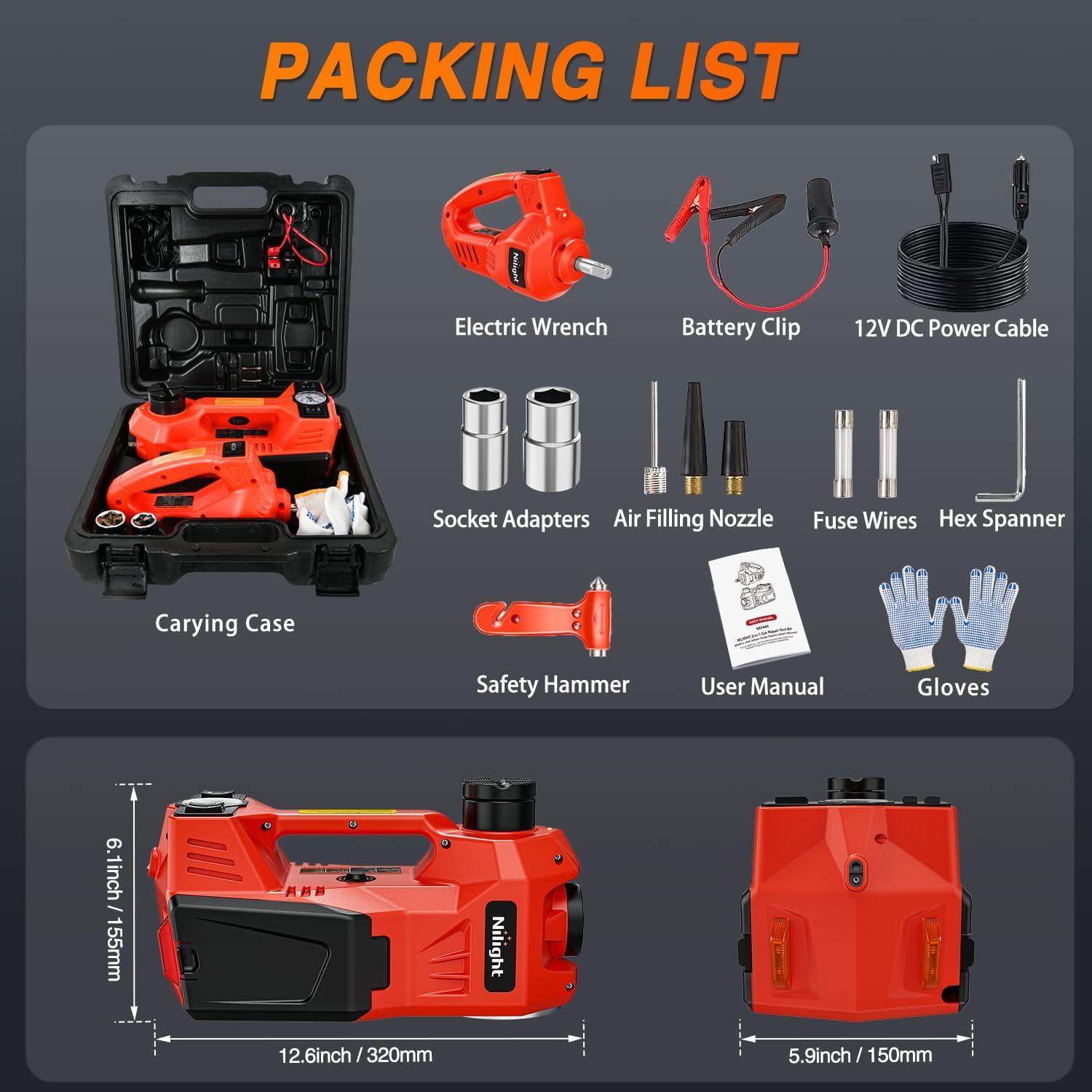 Nilight Electric Car Jack Kit 5 Ton 12V with Impact Wrench, 3 in 1 Portable Electric Floor Jack with Tire Inflator Pump LED Light for SUV Truck Change Tire Garage Repair