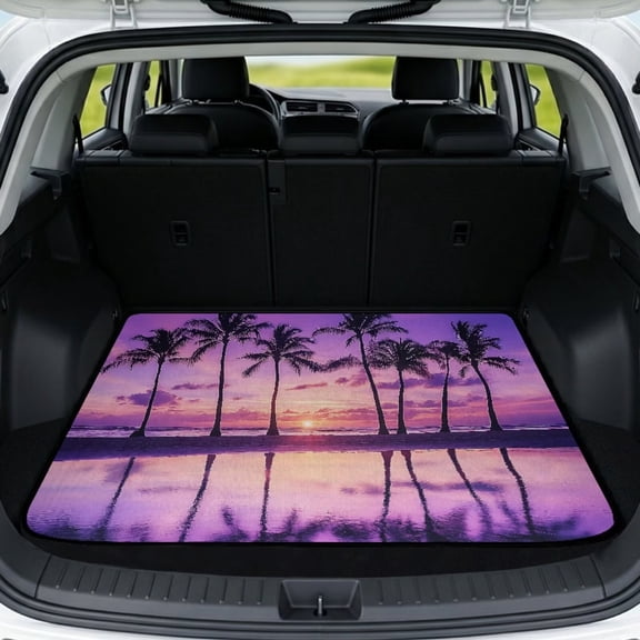 Jeiento Purple Sunset Palm Reflection Car Trunk Mat 29"x39", Scratch Resistant Washable Rear Cargo Liner Tropical Beach Car Accessory