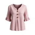 thumbnail image 5 of Qulqfy Blouses for Women Striped Fall 3/4 Sleeve Casual Pink Henley V-Neck Dressy Button Up Ruffle Womens Tops L, 5 of 5