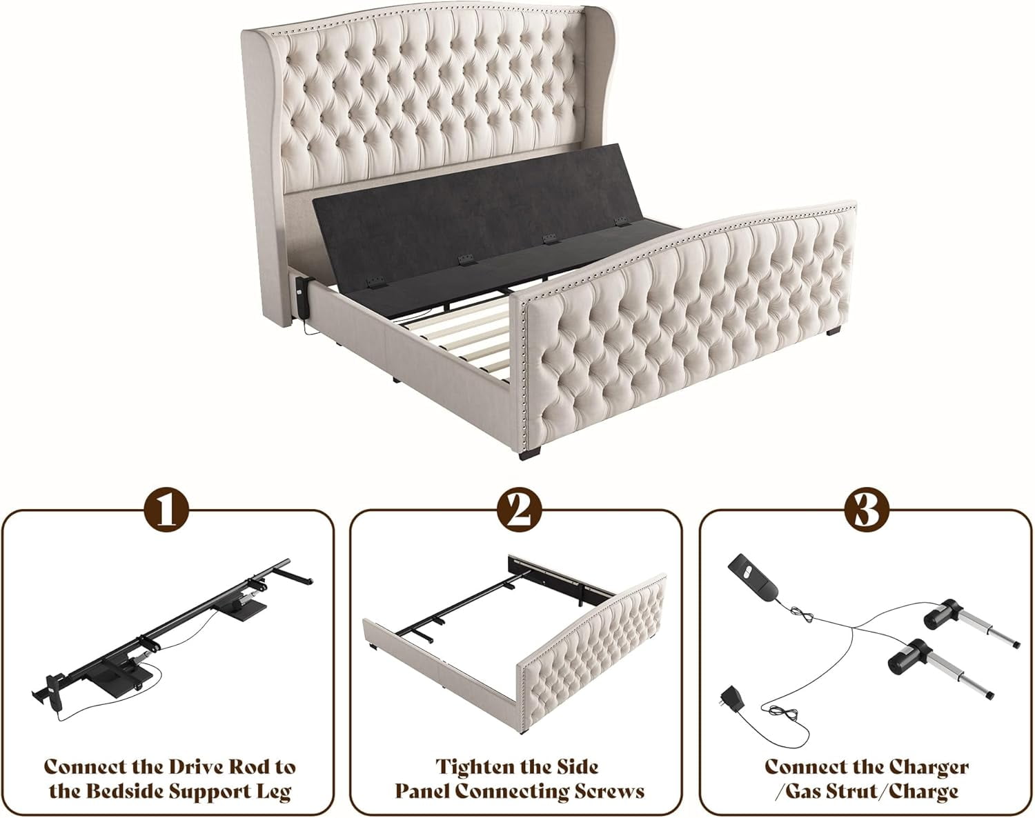 PLAUIN Queen Size Bed Frame, Deep Button Tufted Wingback with Nailhead Trim & Adjustable Base, Cream