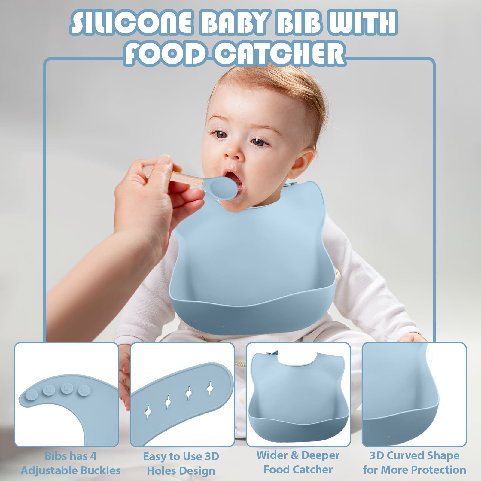 Lumikrypt 9 Pcs Silicone Baby Feeding Set, Baby Led Weaning Utensils, Baby Suction Bowl, Plates, Bib, Spoons Set, Sippy Cup with Straw, Baby Self Feeding Supplies Set(Grey blue)