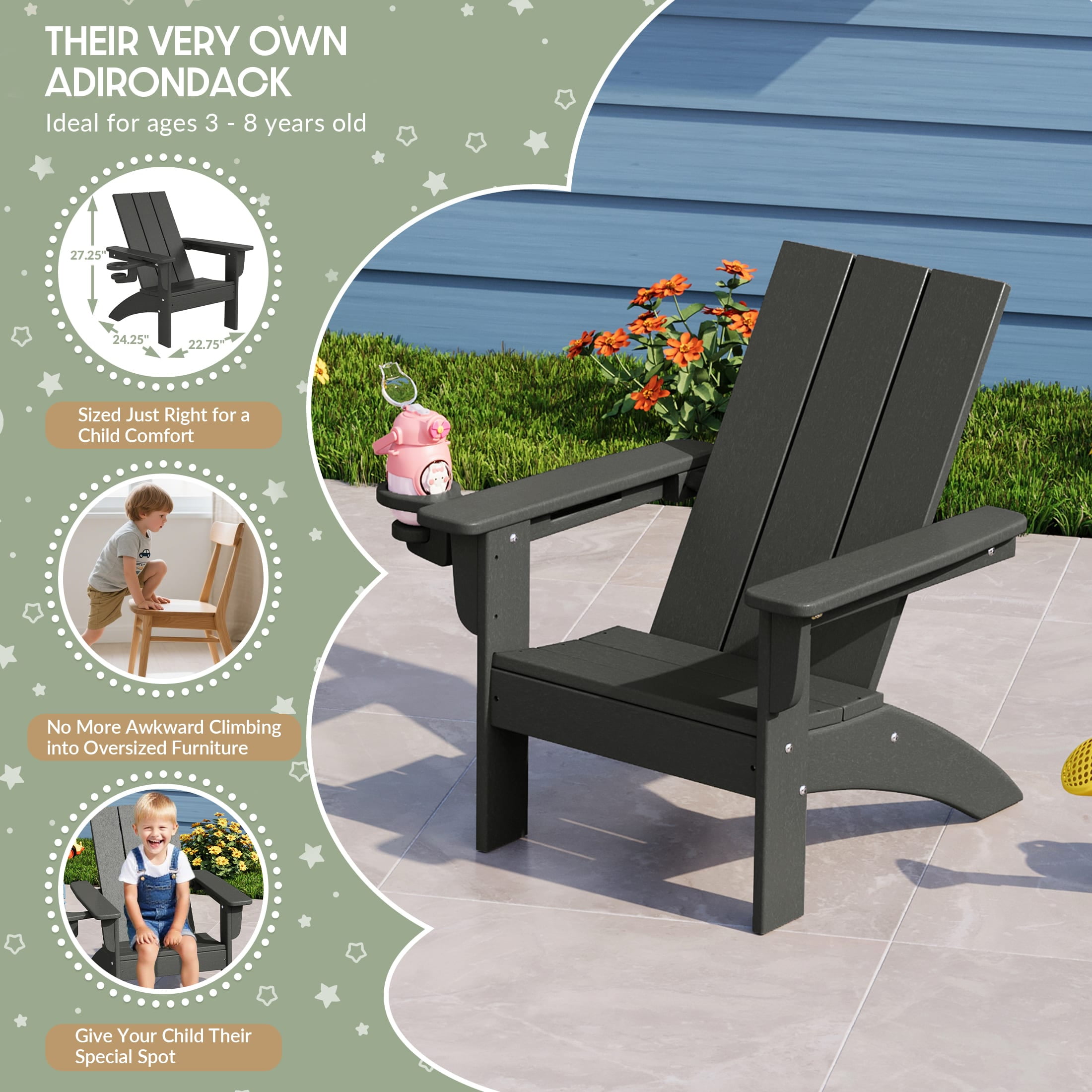 WestinTrends Ashore 3-Piece Kids HDPE Modern Adirondack Chairs Set with Square Side Table and Cup Holders, Gray