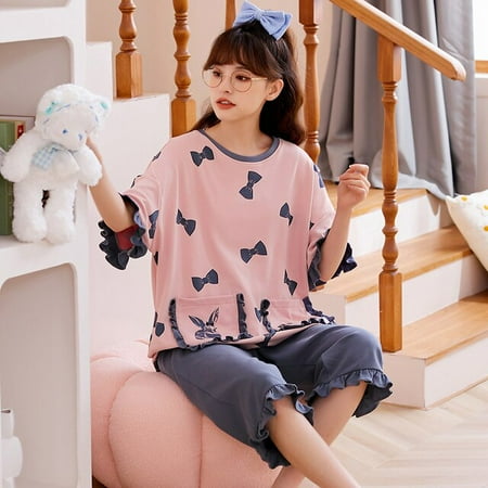 

QWZNDZGR Summer Cartoon Bear Womens Pajama Sets Ladies Female Nightwear Casual Pyjama Capris Pants Yellow Sleepwear Suits Home Clothing