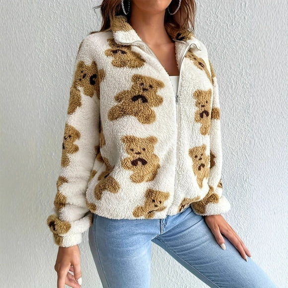 Fall/Winter Saving! srobpty Women's Long Sleeve Fleece Jacket, Womens' Fashion Tops - Bear Print Lining Zipper Top White, M