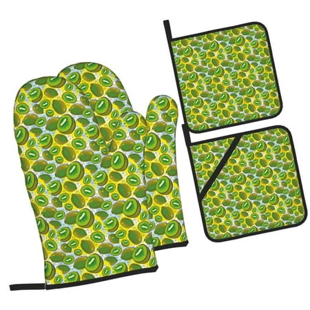 

Haiem Watercolor Kiwi Fruits Summer Print Extra Long Oven Mitts and Pot Holders 4pc Sets: Heat Resistant Silicone Oven Mittens with Mini Oven Gloves and Hot Pads Potholders