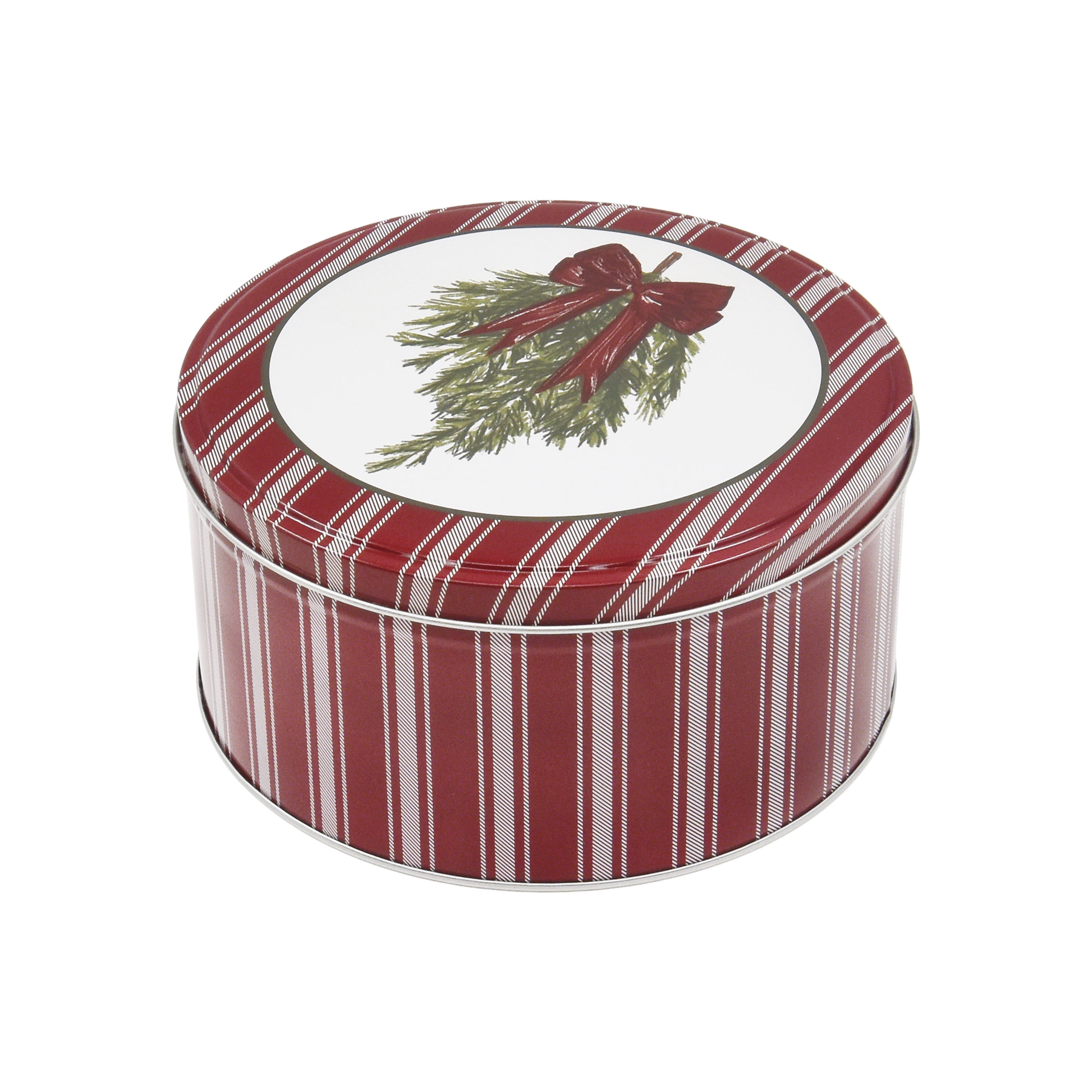 Holiday Time Christmas Swag Red Ribbon Bow Metal Round Gift Tin with Lid, Red White Stripes, Medium, <ul><li>Holiday Time Christmas Swag Red Ribbon Bow Metal Round Gift Tin with Lid, Red White Stripes, Medium</li><li>Made from durable tin-plated steel</li><li>Reusable and eco-friendly</li></ul>