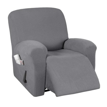 PrinceDeco Recliner Chair Cover Stretch 1 Piece Recliner Slipcover Furniture Protector with Elastic Bottom Chair Slipcover with Side Pocket Thick Soft Small Checked Jacquard Chair Cover Grey