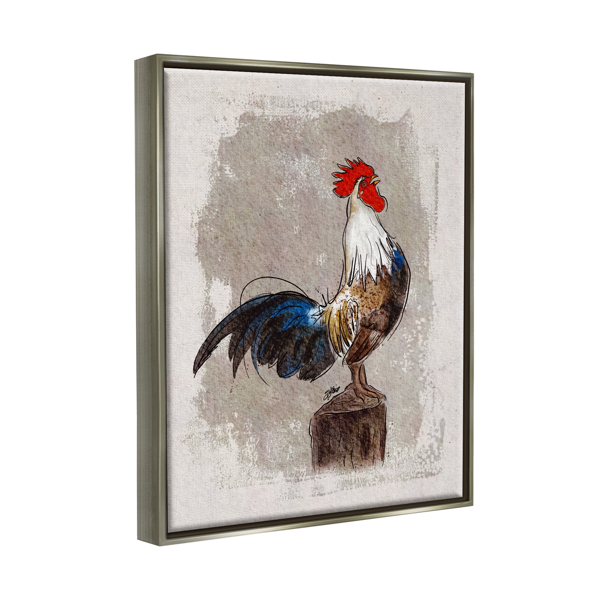 Stupell Farmhouse Rooster Perched Painting Animals & Insects Painting Gray Floater Framed Art Print Wall Art