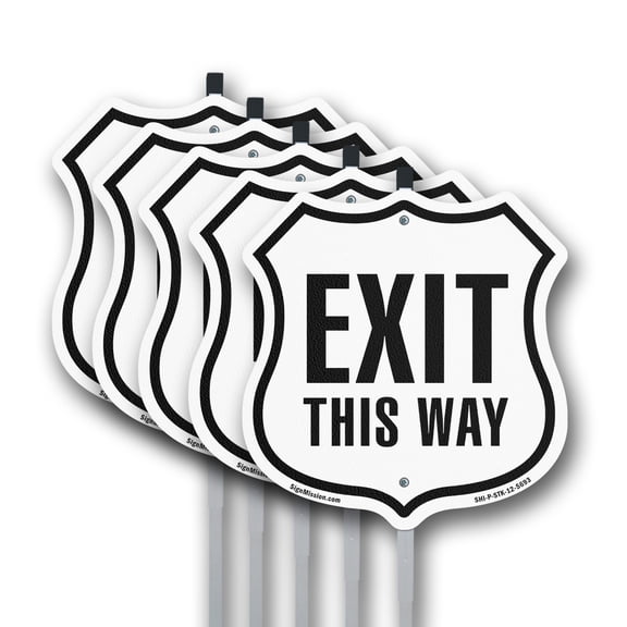 Exit This Way (5 Pack) 12 inch X 12 inch Shield Shaped Rust-Free Aluminum Metal Signs with Aluminum Mounting Stakes Weather Resistant Made in the USA